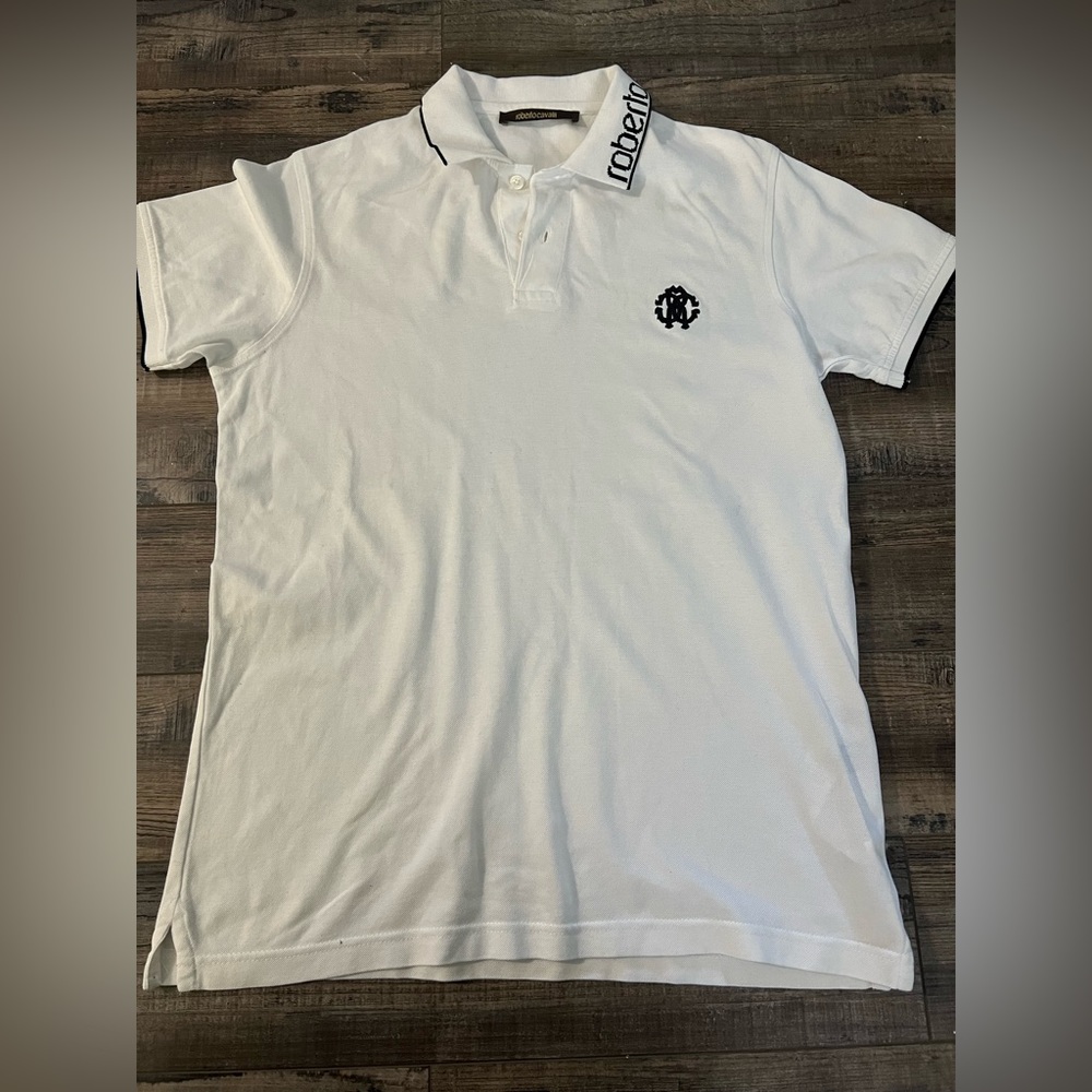 Roberto Cavalli Logo Neck Polo Shirt in White, Men's (Size Small)